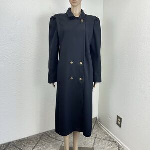 VTG 80s Michelle Francois Black Wool Long Double Breast Trench Coat Money Staple